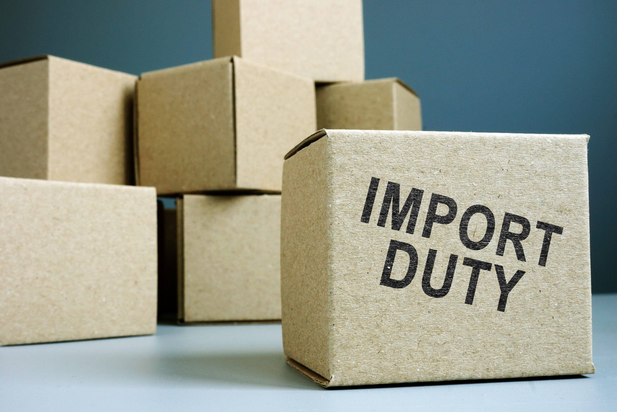 Cardboard box with import duty stamped on side