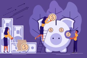 Saving money in a piggybank cartoon, pension concept