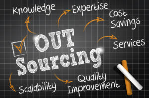 OUT Sourcing written on blackboard, outsourcing HR concept