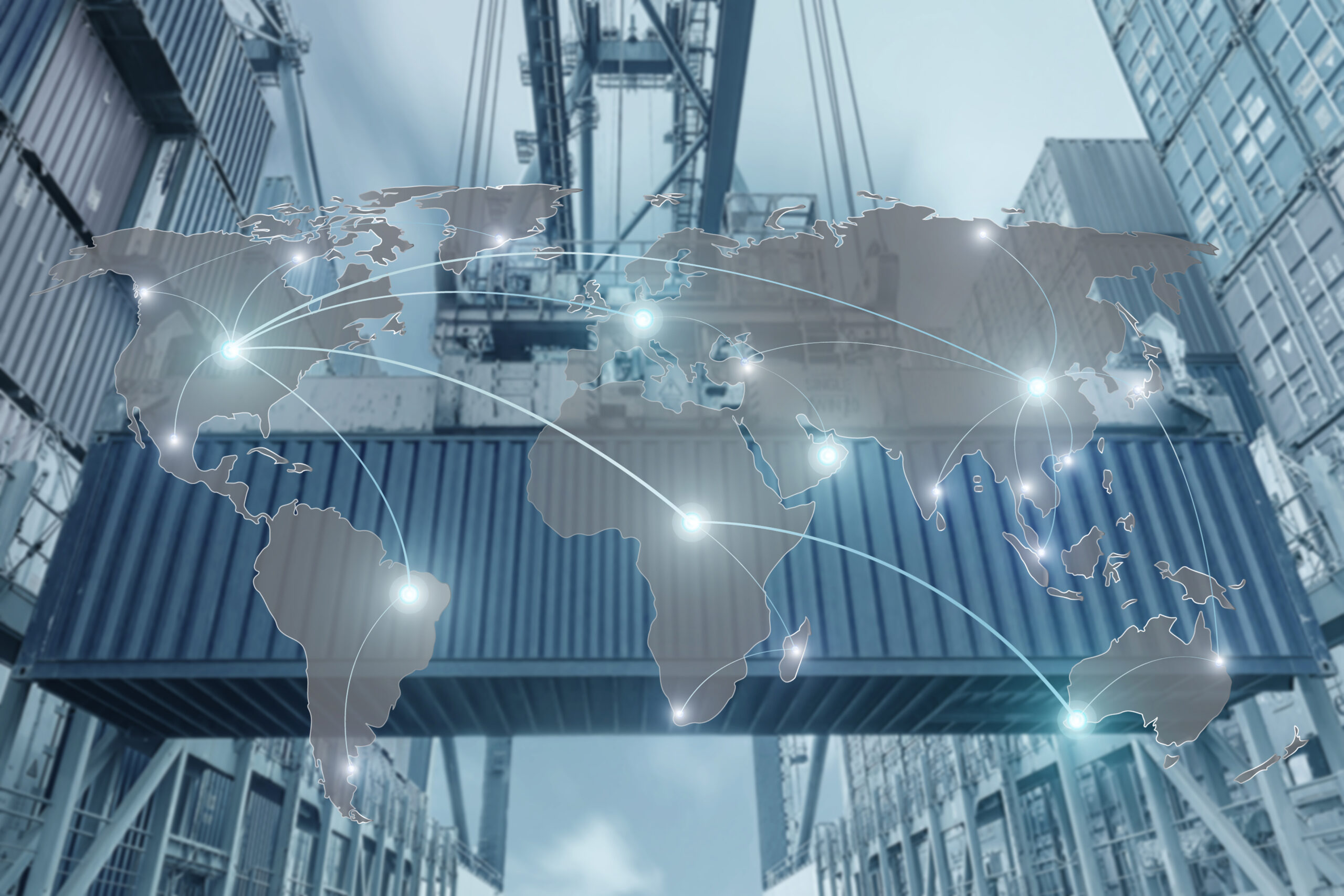 Shipping container with nodules of light superimposed on it, import duty VAT concept