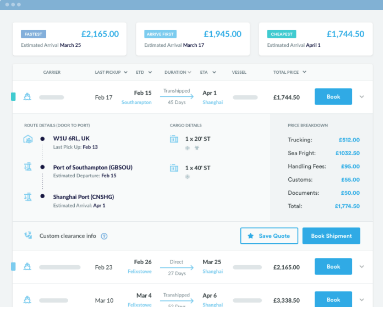 Zencargo’s compare, review and booking interface