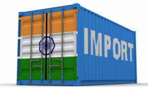Cargo container with Indian flag on it and word IMPORT on side, importing India concept