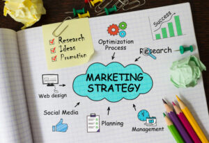 Write a marketing plan concept. Open scrapbook setting out marketing strategy doodles