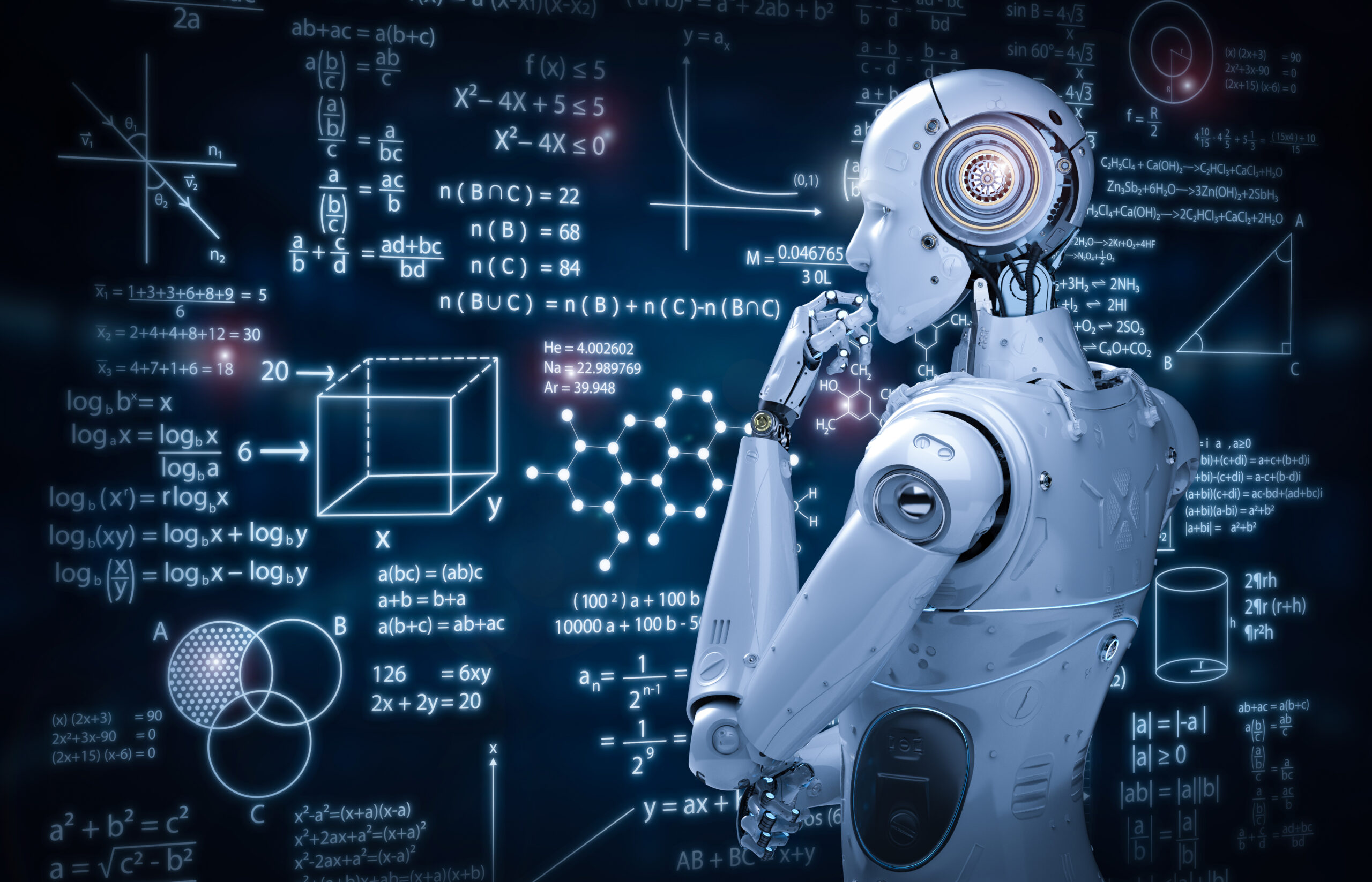 robot pondering blackboard