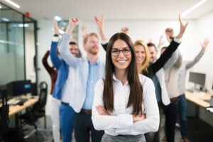 Portrait of group of successful business people happy at work