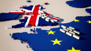 Europe map with waiting trucks, exporters Brexit concept
