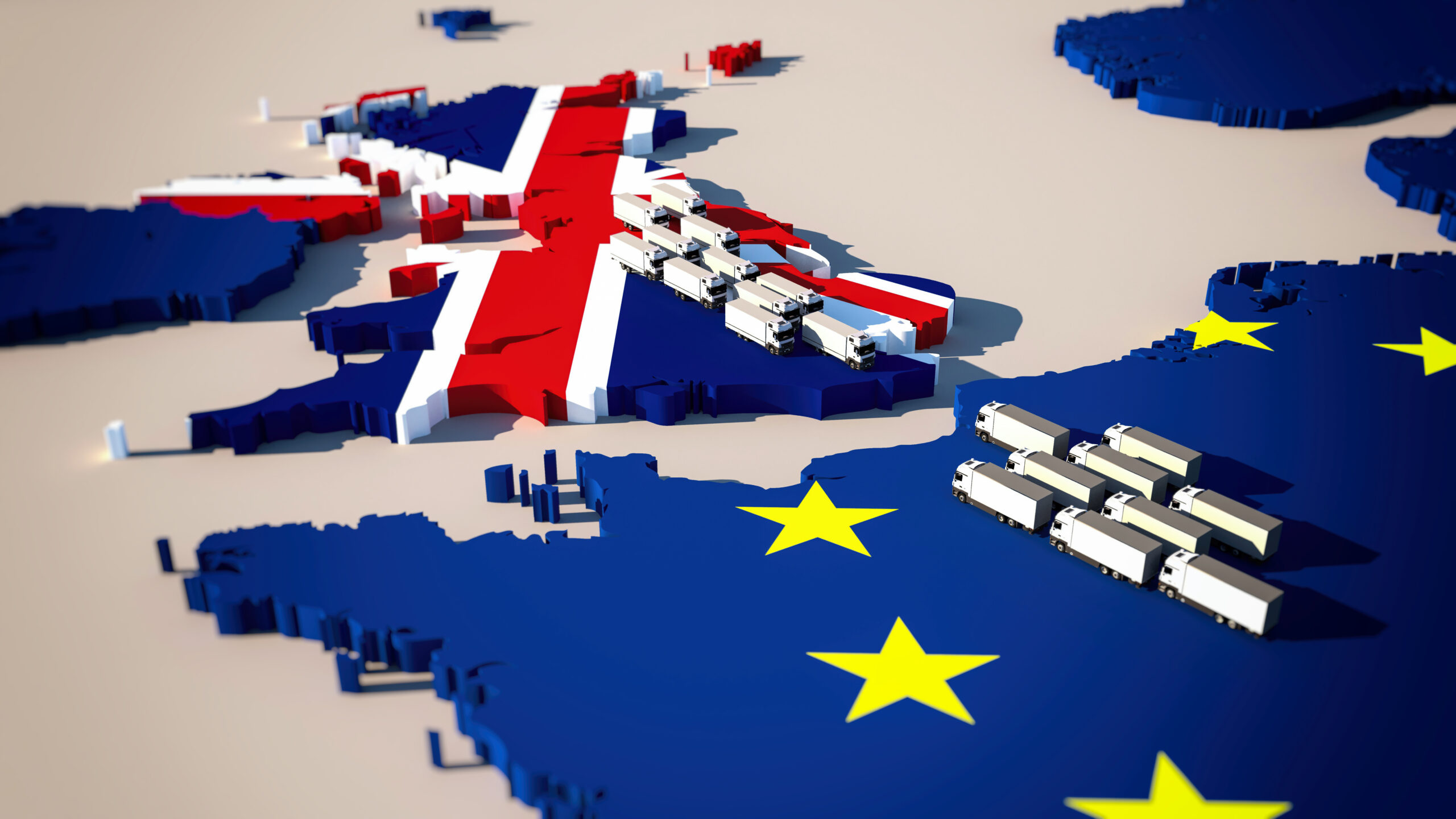 Europe map with waiting trucks, exporters Brexit concept