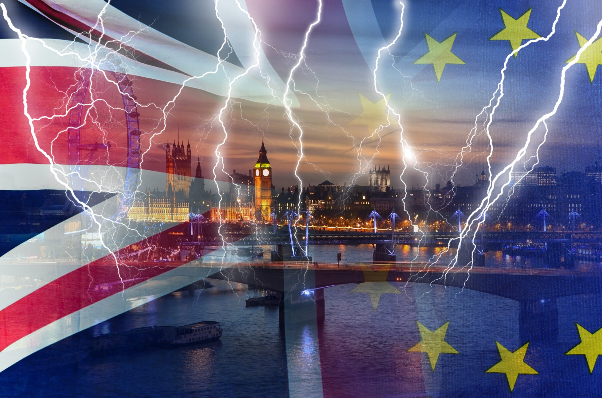No Deal BREXIT conceptual image of lightning over London and UK and EU flags symbolising destruction of agreement