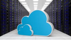 Datacenter with two Cloud storage symbols, what is the best cloud storage for UK small business concept