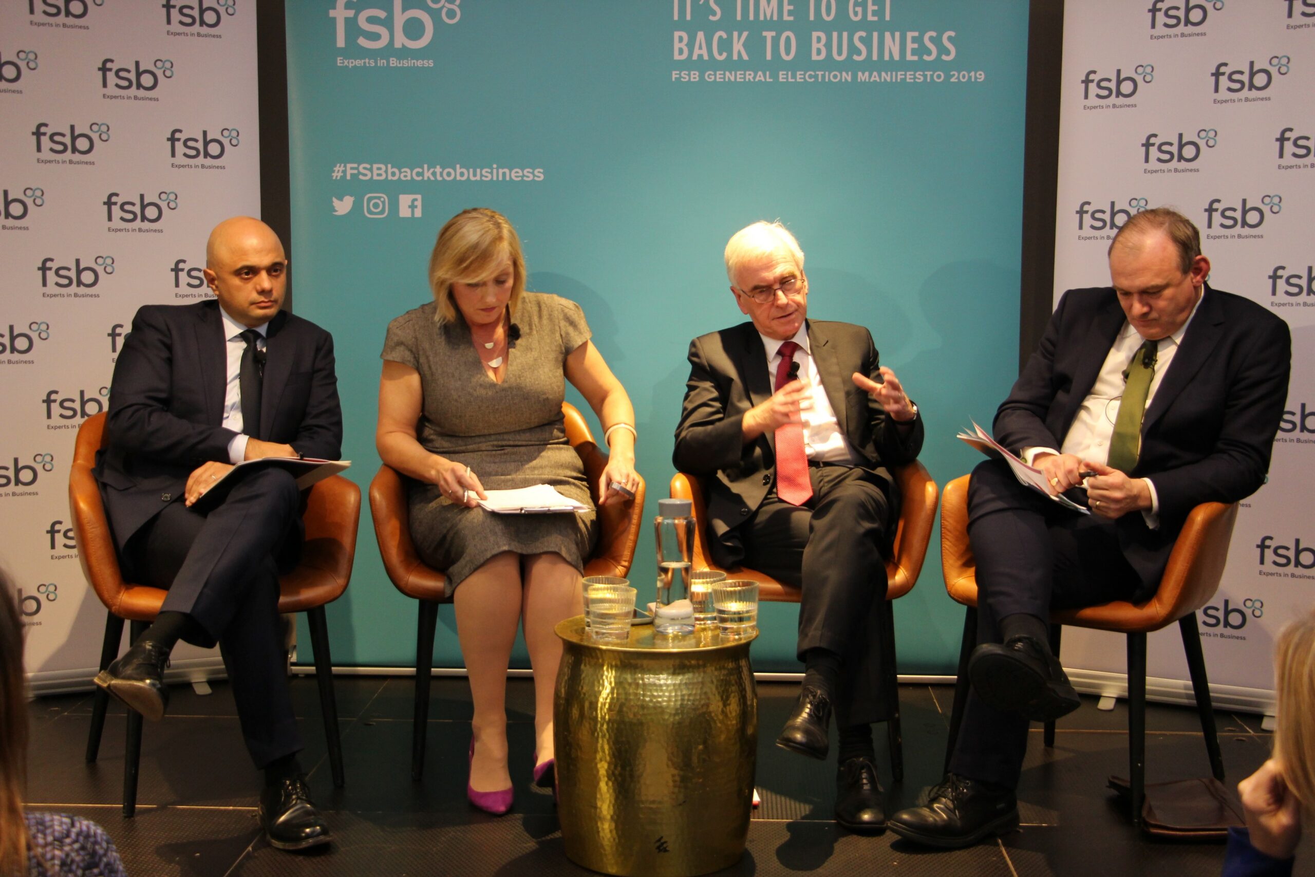 Sajid Javid, John McDonnell, Ed Davey, FSB hustings November 26 2019