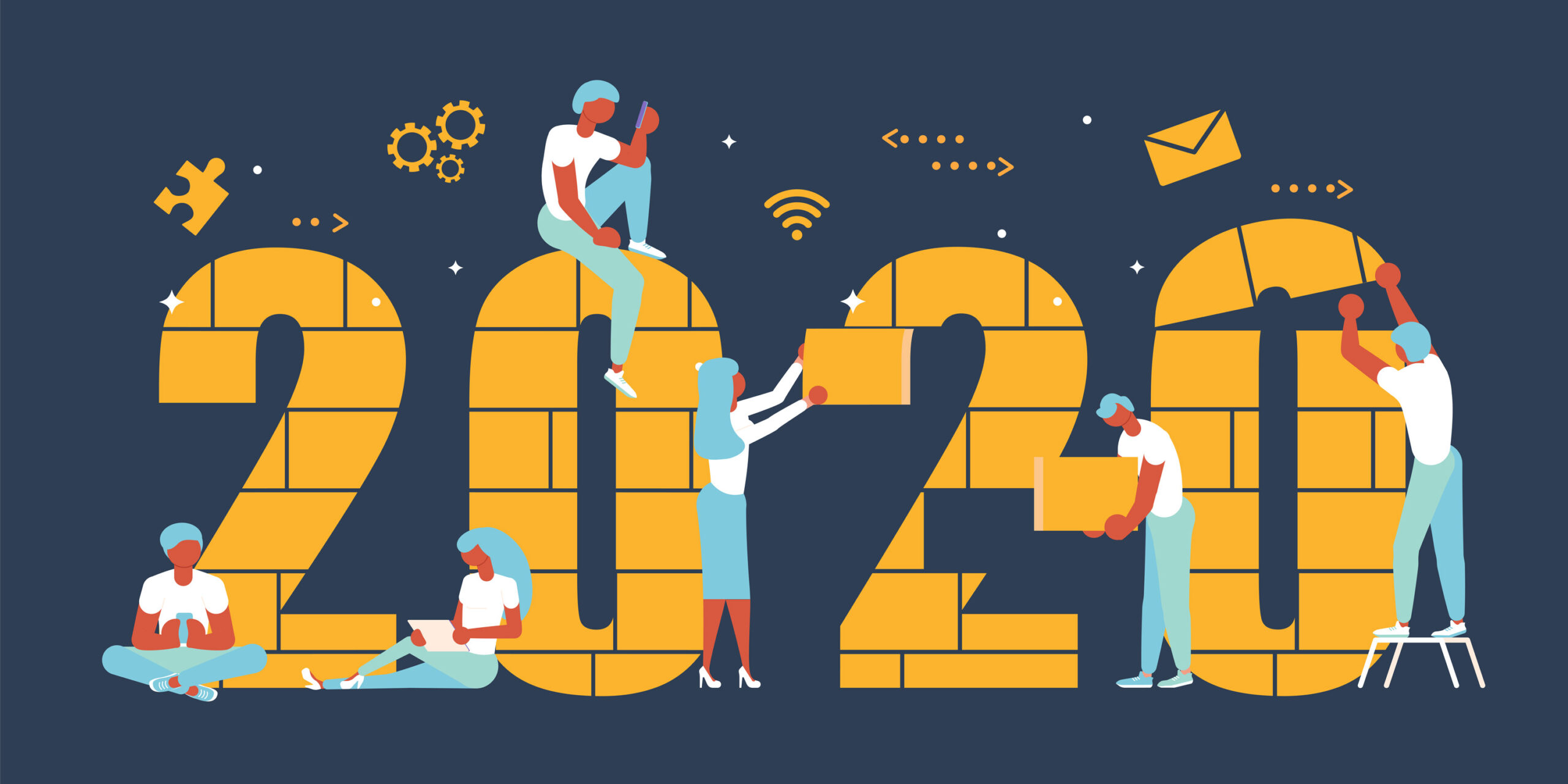 Graphic showing people building 2020, GoDaddy challenge concept