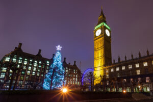 Nighttime View of the Christmas Tree Outside the Palace of Westminster, Conservative business reform concept