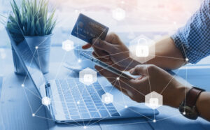 Credit card data security unlock payment shopping online on smartphone, strong customer authentication requirements concept