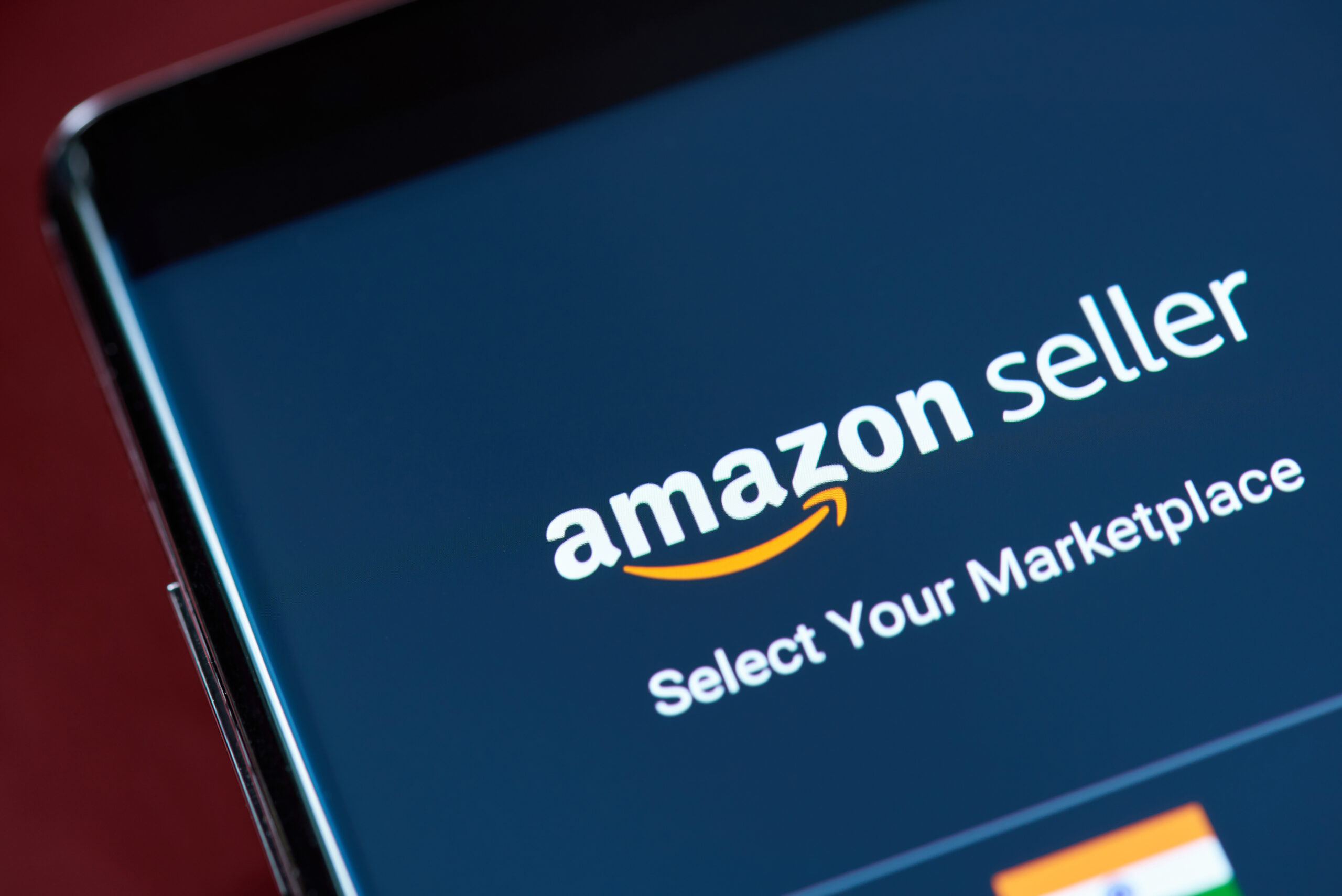 Amazon seller app menu on smartphone screen close up view