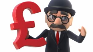 3d render of a bowler hatted British businessman holding UK pound symbol, business rates concept