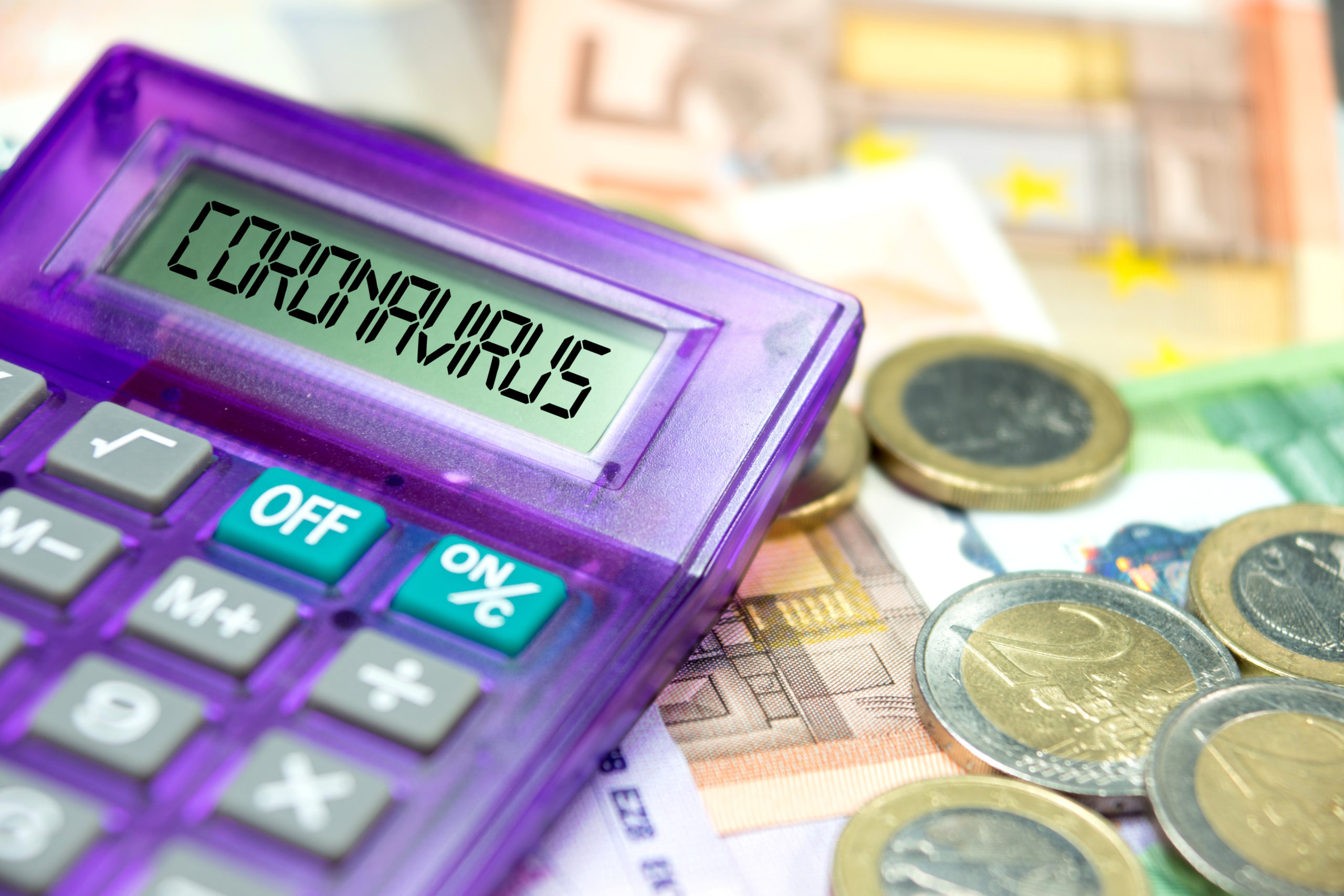 calculator with words coronavirus on LCD screen surrounded by euros, Coronavirus Business Interruption Loan scheme concept