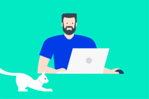 Graphic of bearded man and laptop with cat. Start a homes business concept