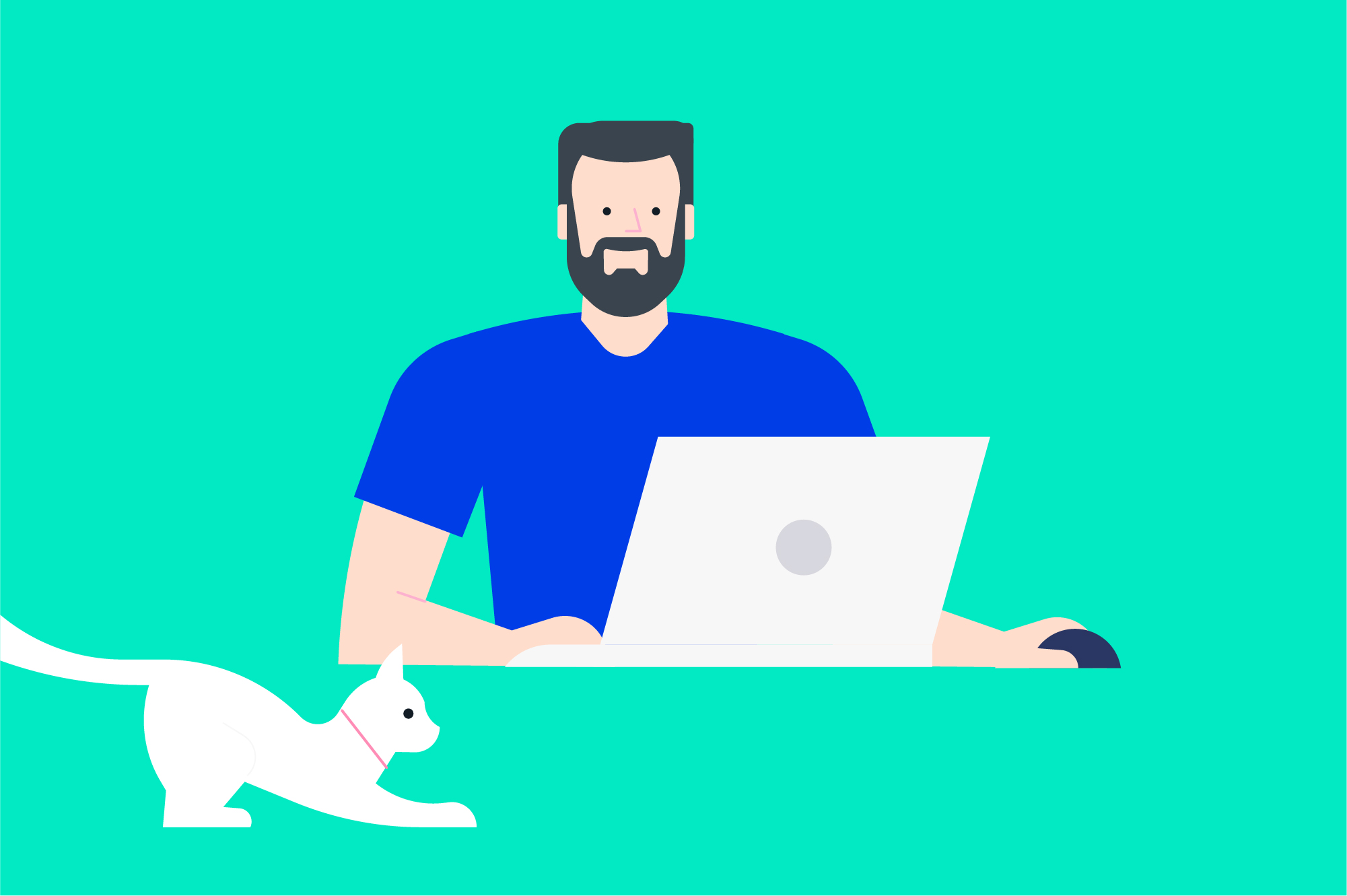 Graphic of bearded man and laptop with cat. Start a homes business concept