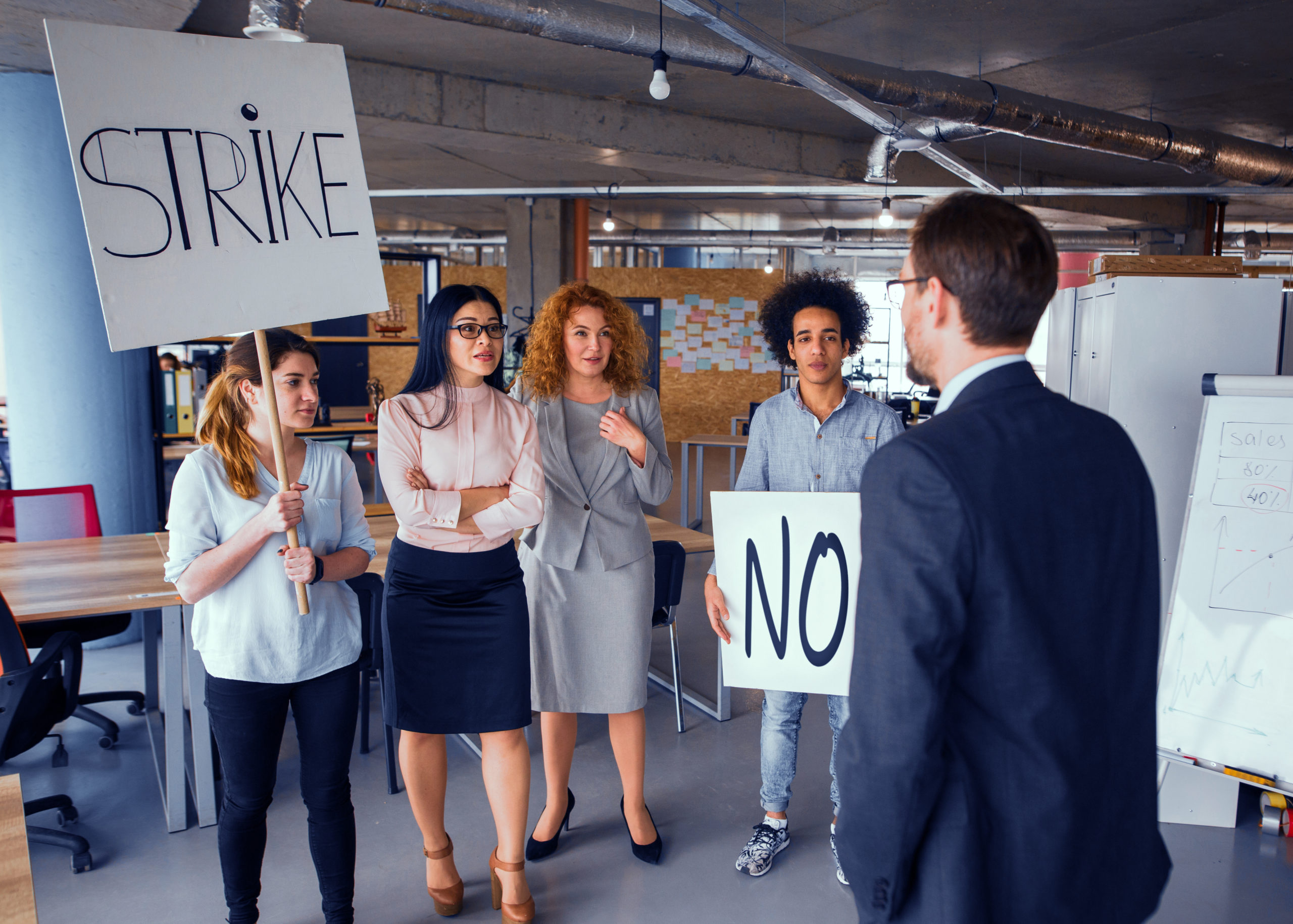 workers on strike, confronting manager, commercial rent freeze concept