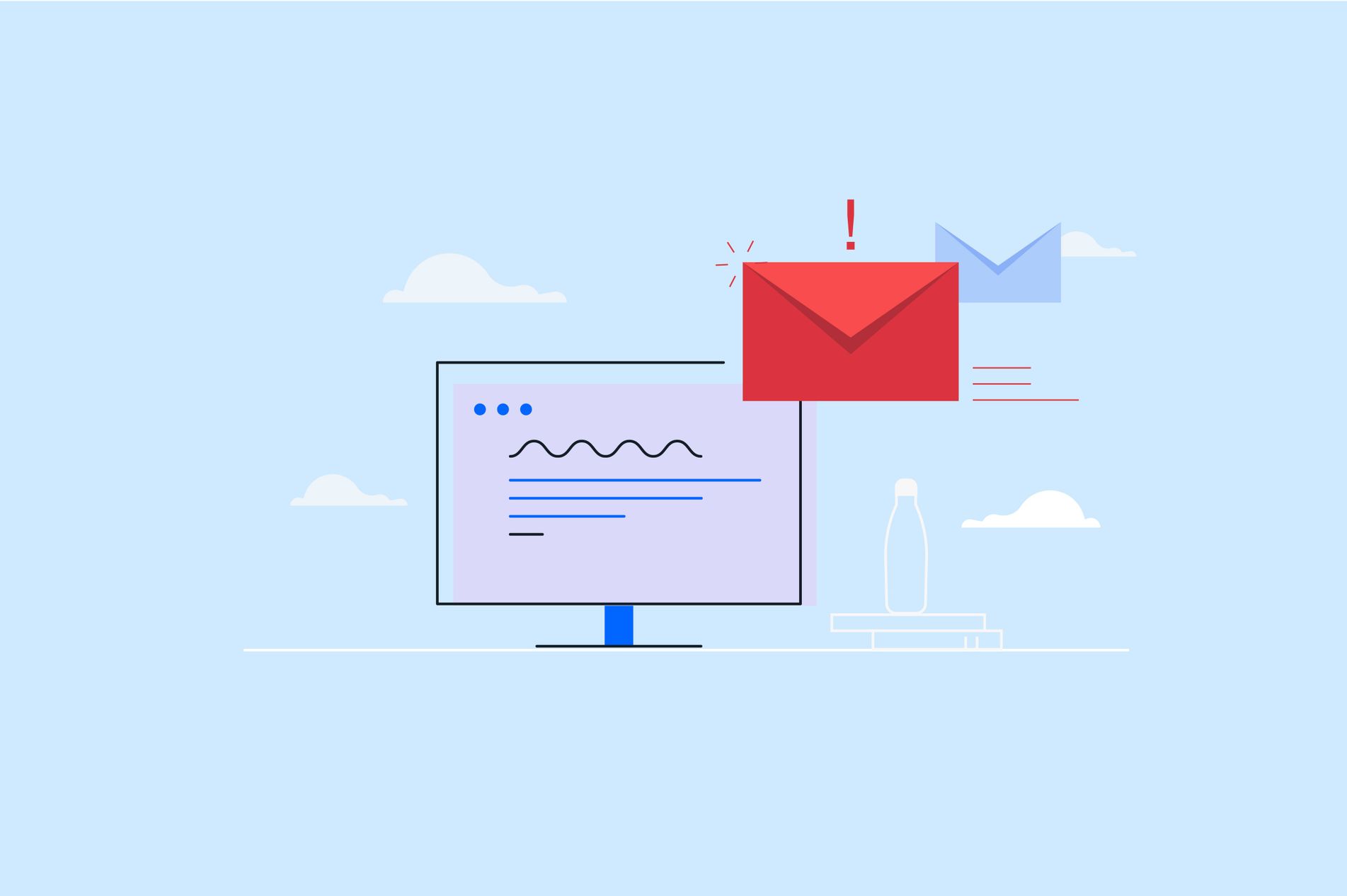 Cartoon of computer screen with letter dropping into it, junk mail concept