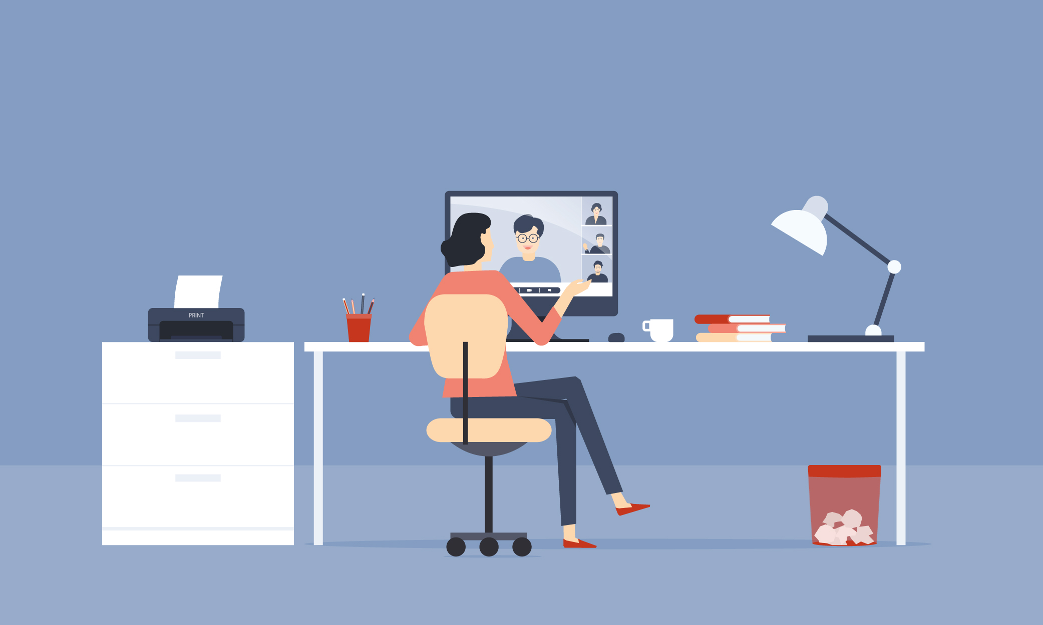 graphic of woman sitting at home office desk, legal responsibilities homeworking concept
