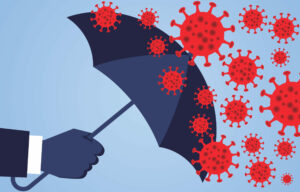 umbrella warding off coronavirus, remote working insurance concept
