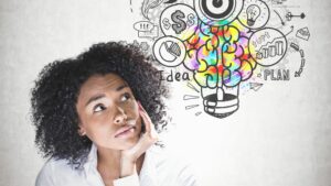 Young black woman looking thoughtful, lightbulb graphic, small buisness bank concept