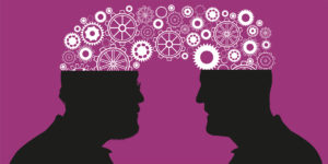 Graphic of two heads exchanging information, new company launches concept