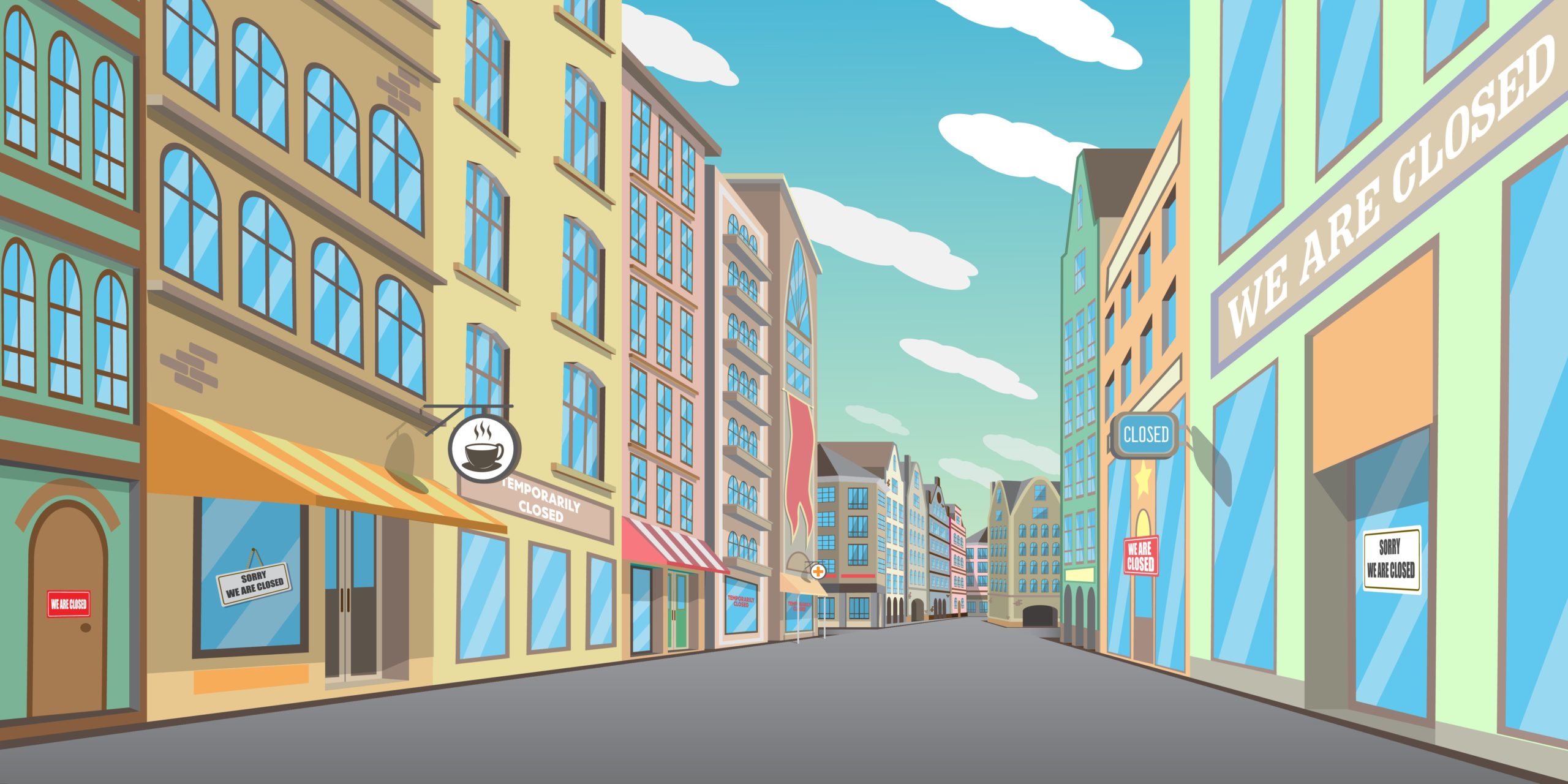Illustration of empty high street closed due to coronavirus, Property Bounceback Grant concept