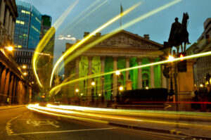 Bank of England and Royal Exchange at night, Working Capital Jobs Retention Scheme concept