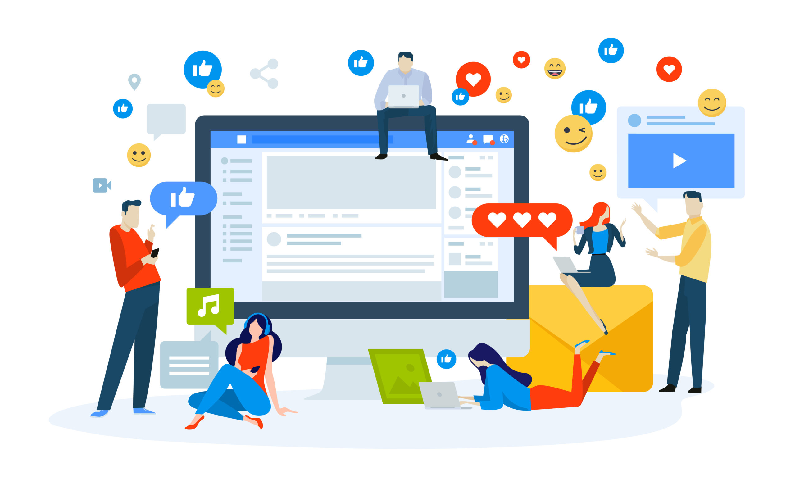 How to market your small buisness cartoon illustration, emojis around PC monitor
