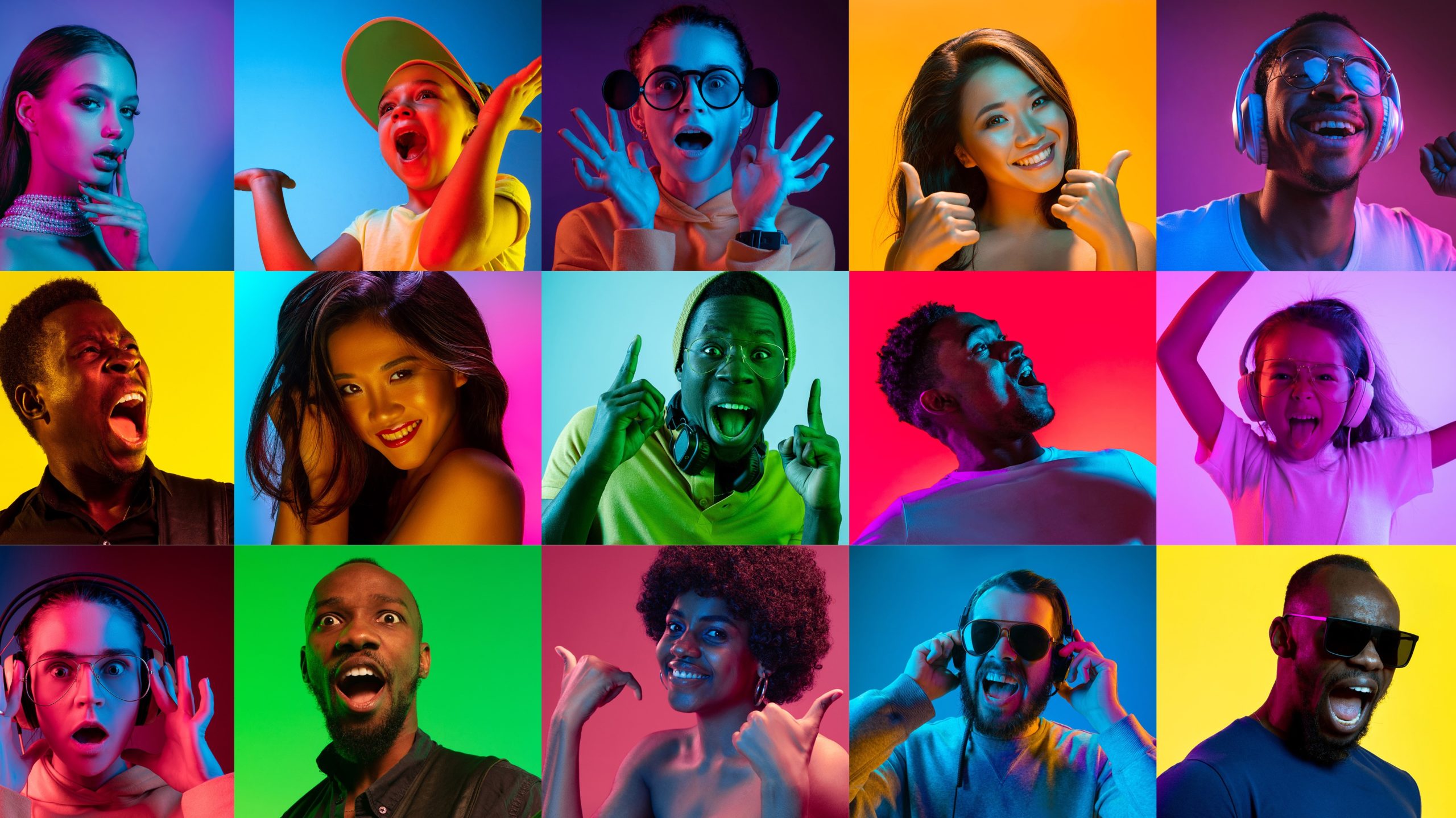 Portraits of young people in neon light, business lockdown concept