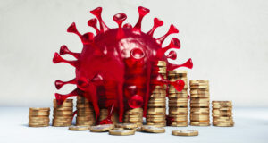 3D coronavirus on top of piles of gold coins, coronavirus debt concept