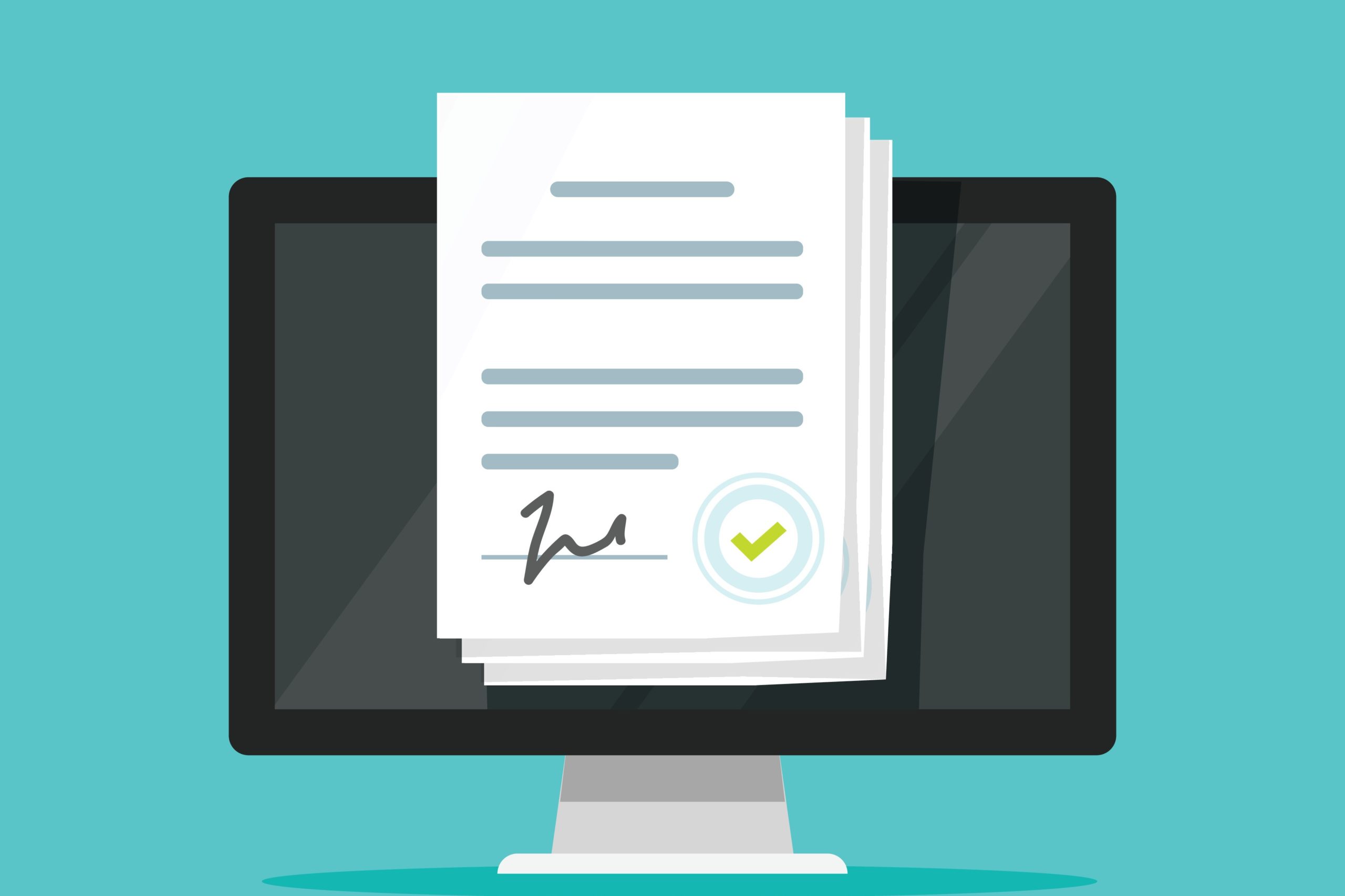 signed contract superimposed on PC monitor, employment contract concept
