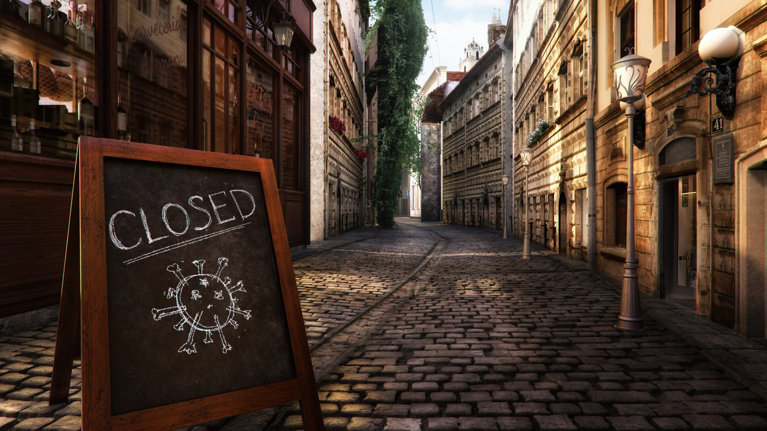 empty street with coronavirus symbol on sandwich board, Covid loan debt concept