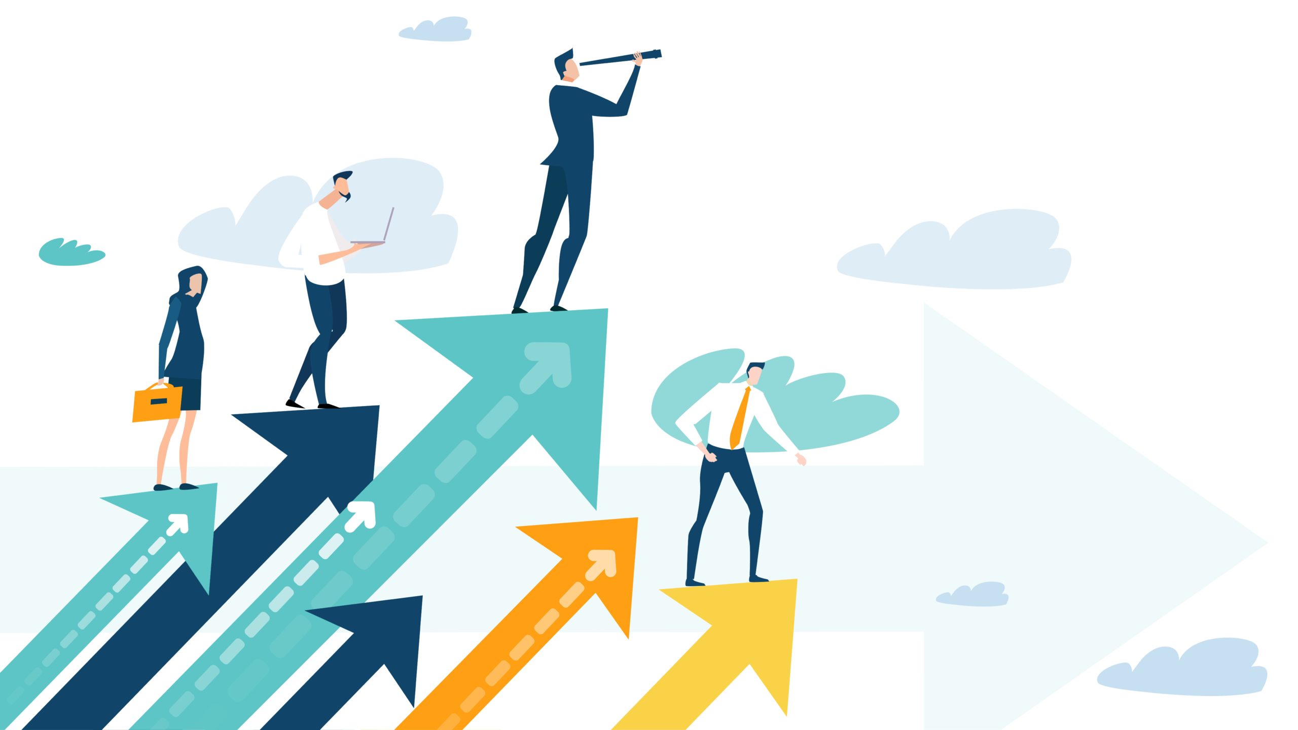 successful businesspeople standing on arrows graphic, top entrepreneurs concept