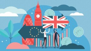 Cartoon illustration, EU and Union Jack flags in opposite directions, getting ready for Brexit concept
