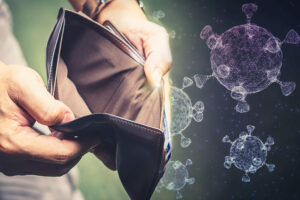Man holding empty wallet surrounded by coronavirus, local lockdowns concept