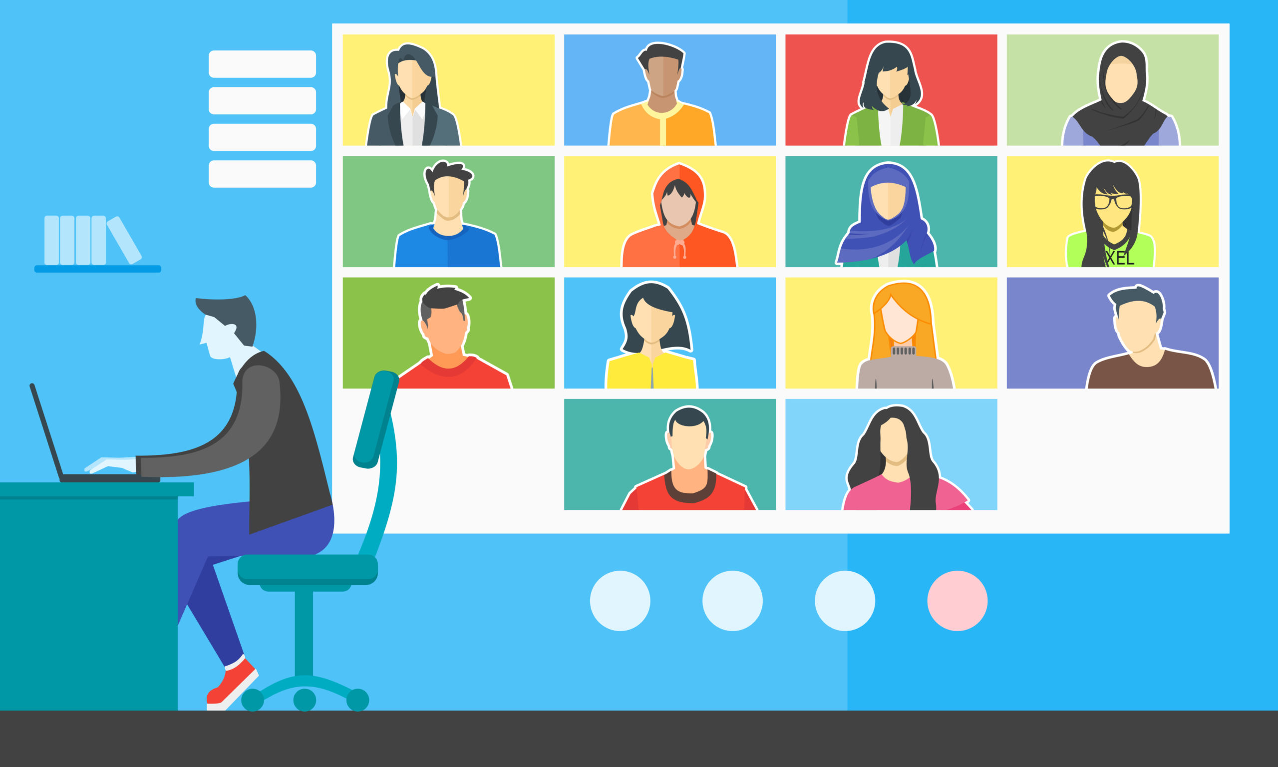 Illustration of man at laptop with Zoom call behind him, productivity pandemic concept