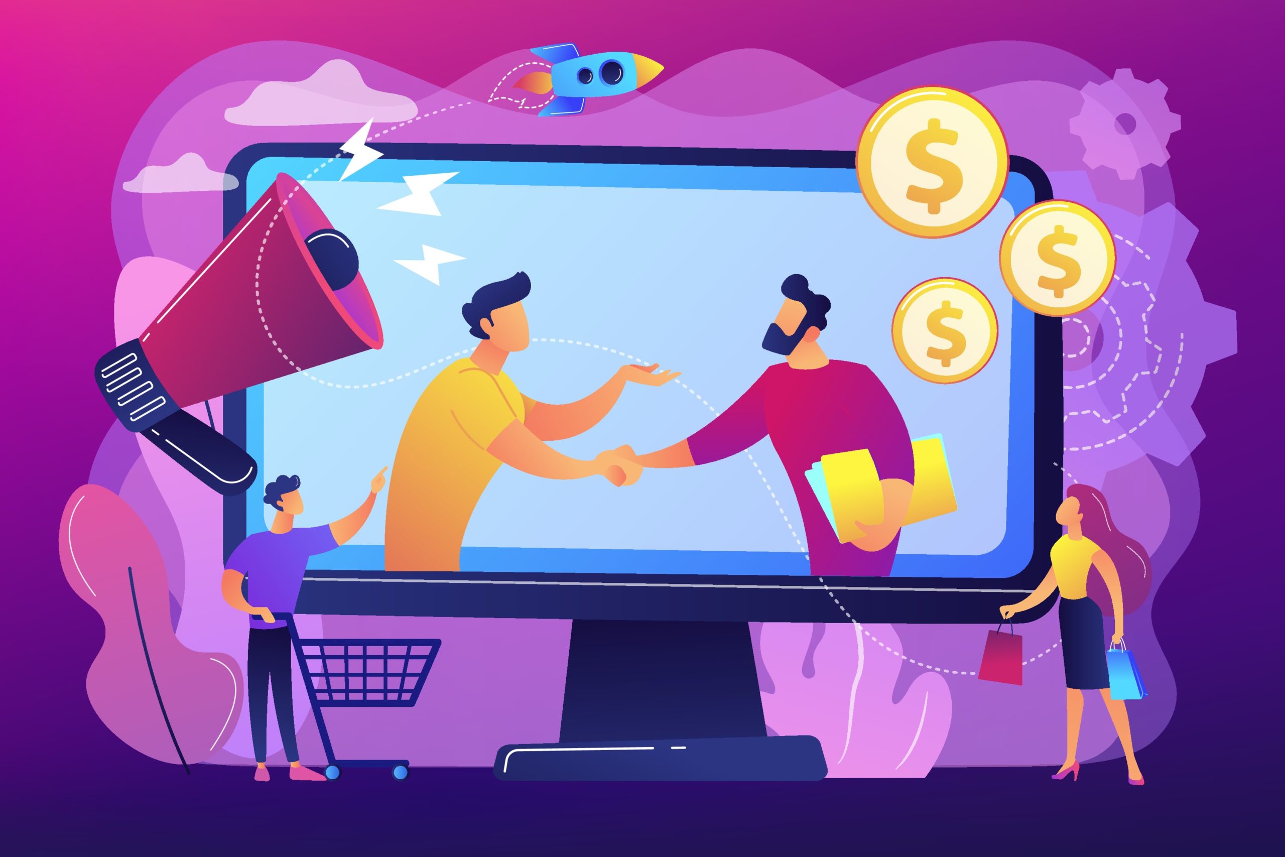 Men shaking hands on computer monitor, affiliate marketing concept