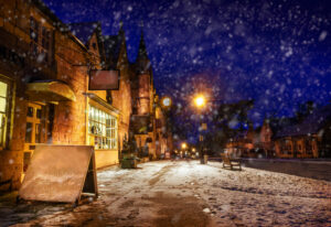 Broadway, Gloucestershire high street snowy scene, Christmas virtual high street concept