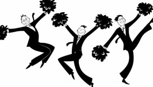 Cartoon of businessmen cheerleading, employment law startups concept