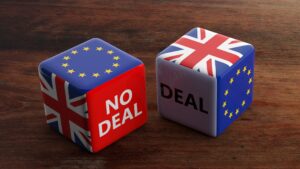 Brexit deal/no deal dice, three-month transition period concept