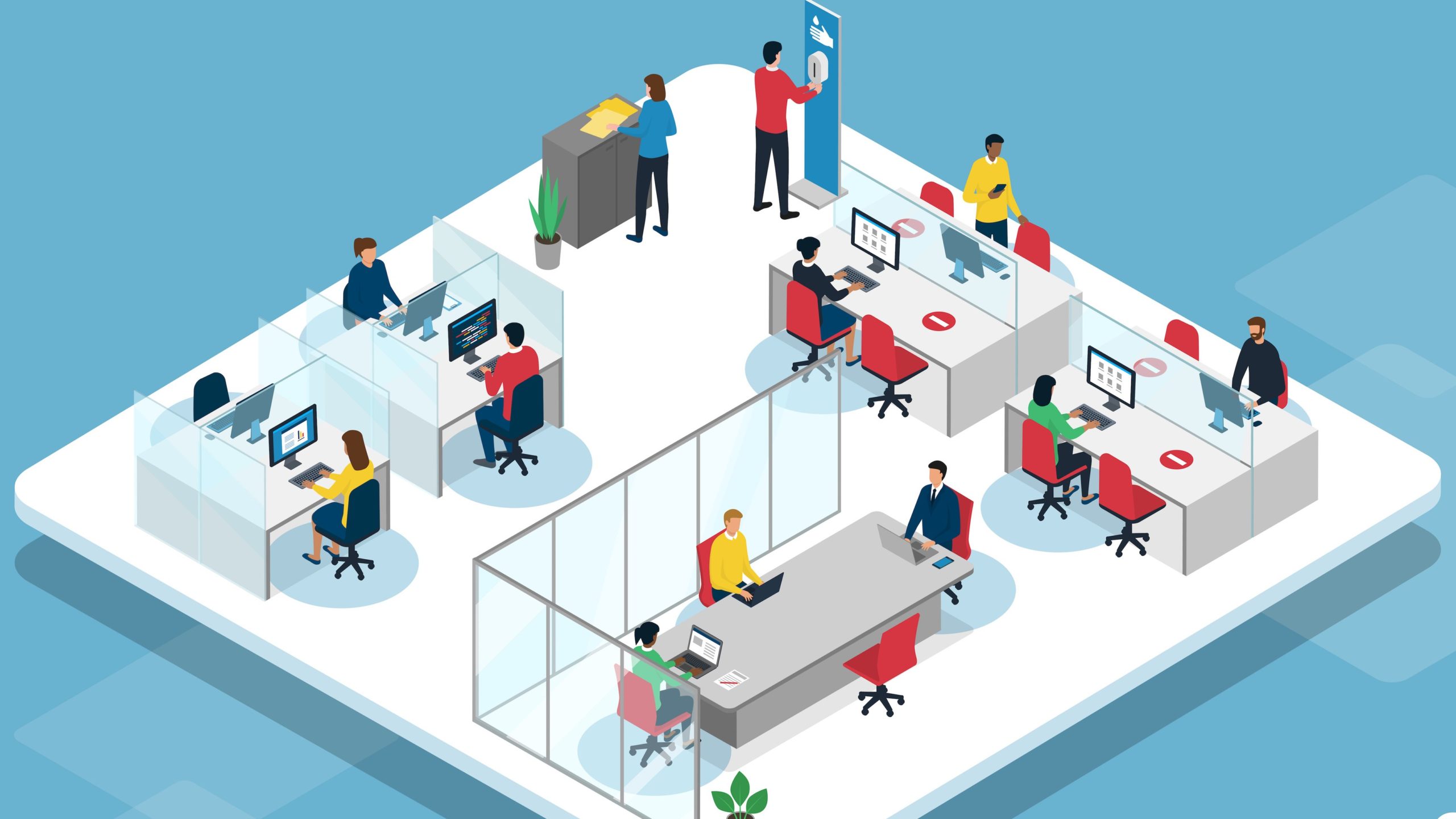 illustration of socially distanced office, agile working concept