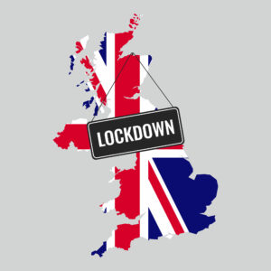 Great Britain map with Union Jack and word lockdown hanging from sign, small businesses open lockdown concept