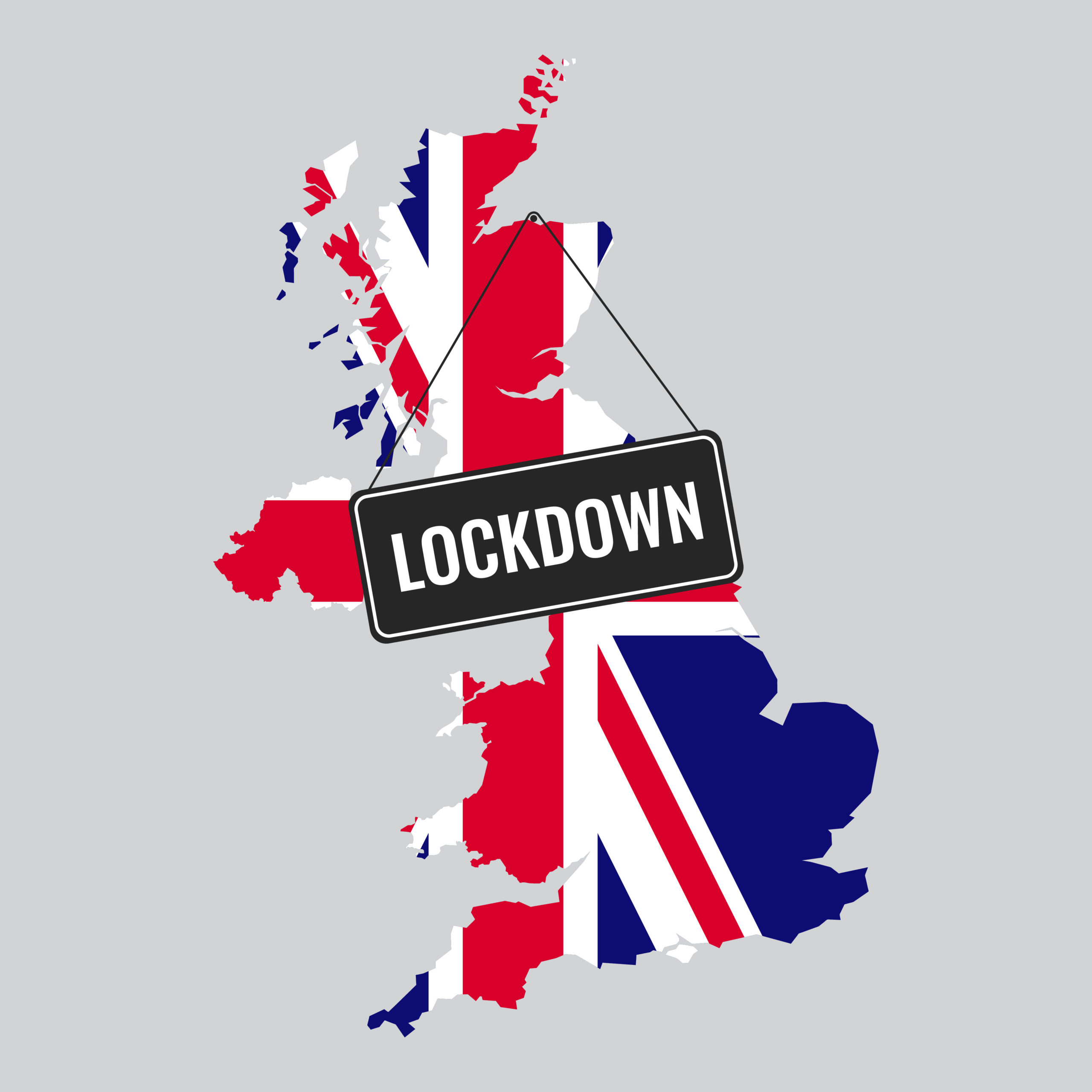 Great Britain map with Union Jack and word lockdown hanging from sign, small businesses open lockdown concept