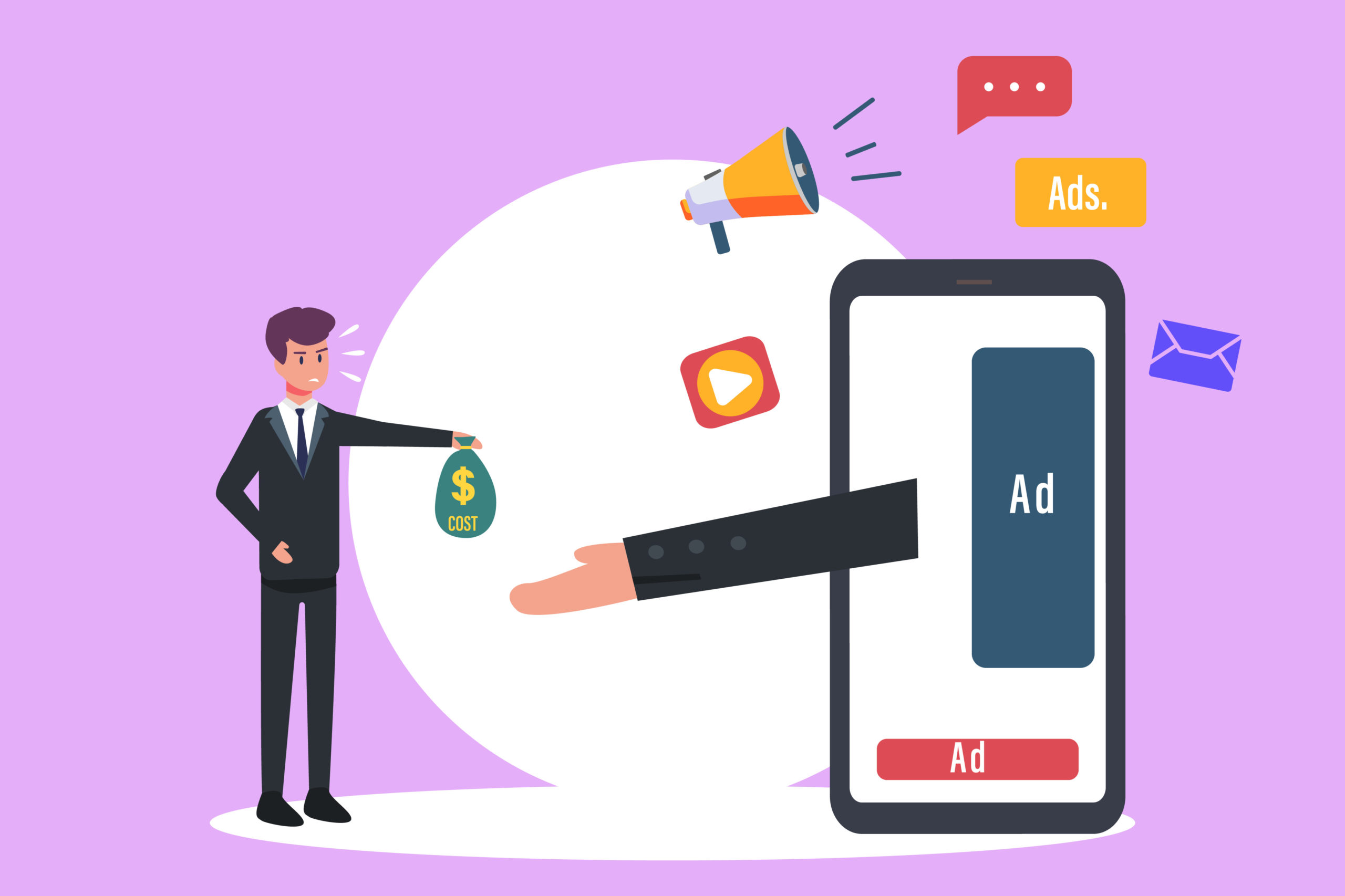 Graphic with arm reaching out of mobile phone taking businessman's money, advertising budget concept