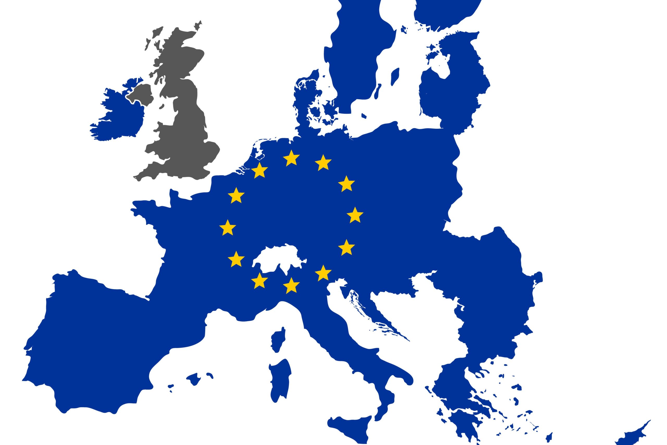 European map with EU states in blue, Britain in grey, VAT registration concept