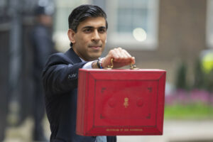 Rishi Sunak holding up red box, Budget 2021 small business concept