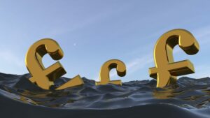 Pound symbols half submerged in water, Covid debt concept